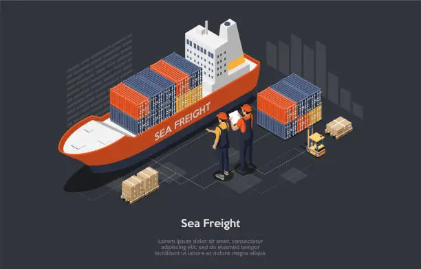 Vector illustration of Global logistics network concept. Set of Cargo Ship, Containers, Forklift, Workers. Transportation maritime shipping On-time delivery designed to carry large numbers of Sea freight. Flat style