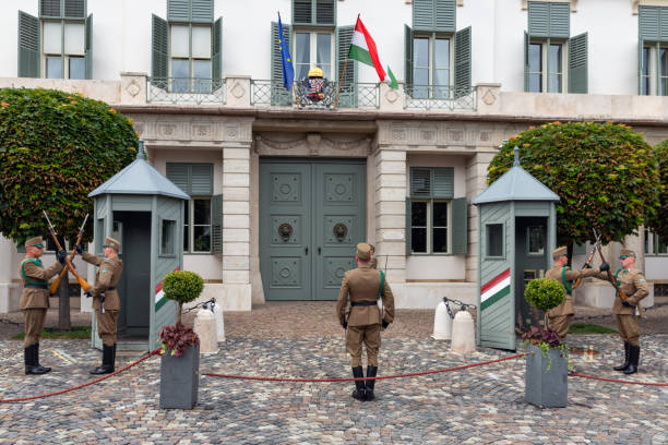 mudando o protetor militar na frente do palácio budapest de sandor - sandor palace - fotografias e filmes do acervo