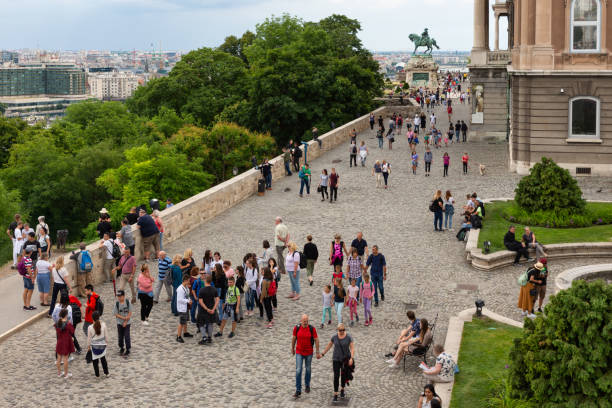 Budapest, Hungary - Juli 13, 2019: Square with people near Buda Castle and view over Budapest