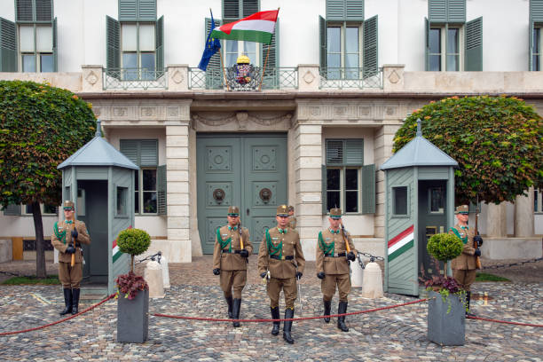 mudando o protetor militar na frente do palácio budapest de sandor - sandor palace - fotografias e filmes do acervo