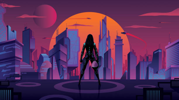 Superheroine in Futuristic City 2 Superheroine or superhuman female futuristic soldier watching over futuristic city at sunset. movie scene stock illustrations
