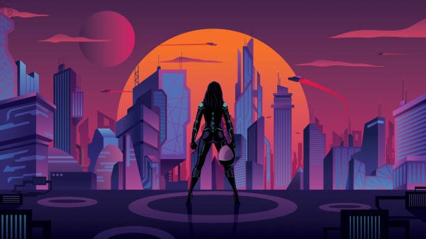Superheroine in Futuristic City 2 Superheroine or superhuman female futuristic soldier watching over futuristic city at sunset. scenery video stock illustrations