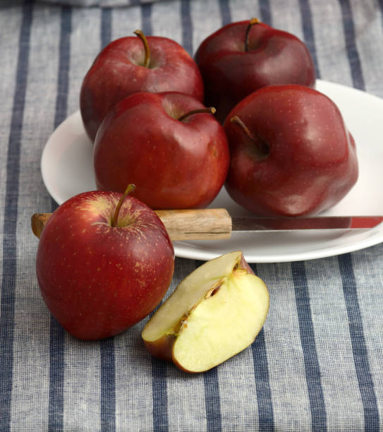 istock Delicious Apples in plate with knife on striped tablecloth 1199297668