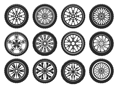 Car tires with different light alloy wheel rims, vector icons. Car wheel tyres with tread track pattern, side view simple graphic