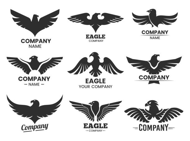 Set of Eagle or falcon black silhouettes Eagle black silhouettes for branding. Set of isolated badges with hawk head and company name. Vector heraldic signs for label. Flying animal icon. Falcon insignia for aviation club.Flight and heraldry eagles stock illustrations
