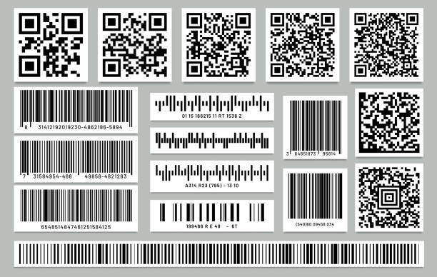 Set of isolated rectangle barcode, square qr code Set of isolated rectangle barcode and square qr code. Label or sticker with qrcode and bar-code. Tag for retail digital reader, product computer scan technology for freight. QR-code for mobile app commercial event stock illustrations