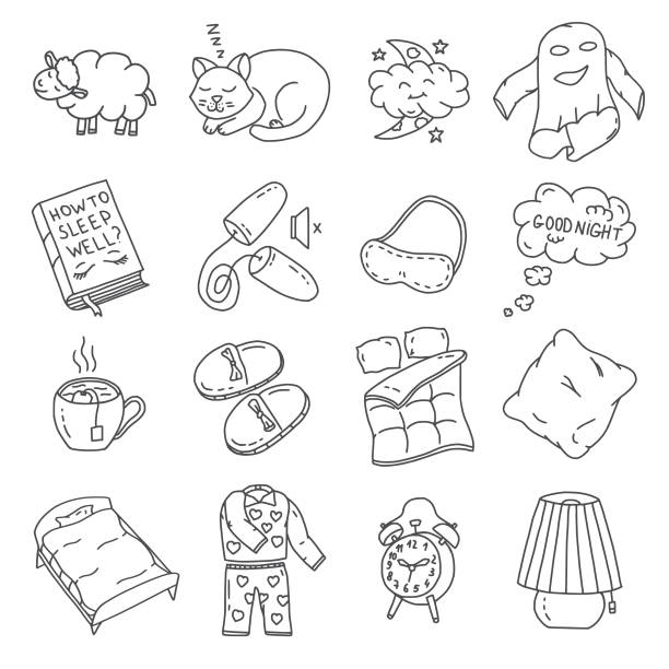 Healthy Sleep Doodles Set Set of vector doodles on the theme of sleep. Vector Illustration. Hand drawing elements of a healthy sleep. pillow illustrations stock illustrations