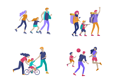 Collection of family hobby activities. Mother, father and children teach daughter to ride bike, walking hiking and treveling, roller skating, play ball together. Cartoon vector illustration