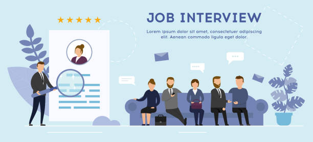 Human Resources, Recruitment Concept. Employees are waiting in a queue for an job interview. Flat style. Vector illustration Human Resources, Recruitment Concept. Employees are waiting in a queue for an job interview. Flat style. Vector illustration. interview event backgrounds stock illustrations