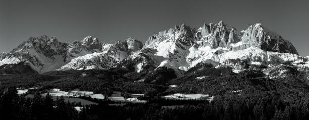 Wild Kaiser Mountains Panorama in winter at sunset