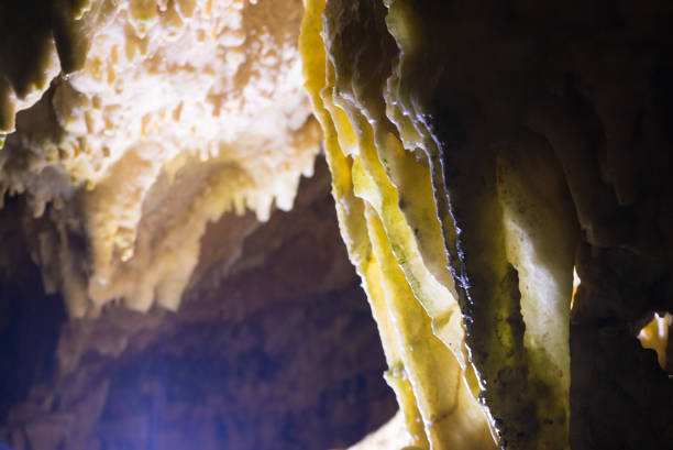 Impressive formations of the stalactites and stalagmites in Dirou Cave. Greek destination .Natural beauty. Mani, Laconia, Greece
