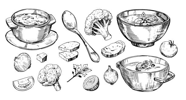 gemüsesuppe. handgezeichnete illustration in vektor konvertiert - soup stock-grafiken, -clipart, -cartoons und -symbole