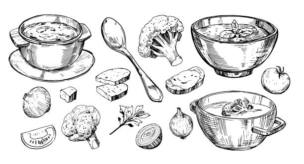 Vegetable soup. Hand drawn illustration converted to vector Vegetable soup. Hand drawn illustration converted to vector soup stock illustrations