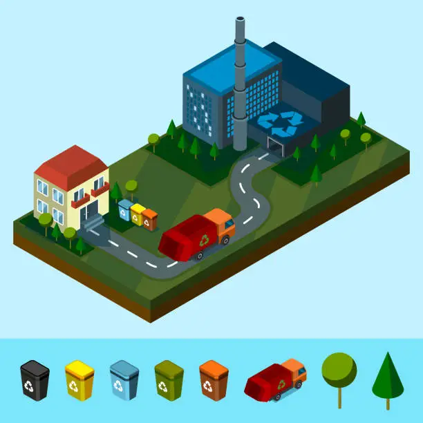 Vector illustration of Isometric Recycling plant, house, and waste truck, caring waste. Can use for web banner, infographics, hero images. Vector illustration