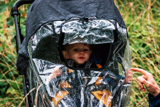 menino que anda no carrinho de criança com tampa da proteção da chuva. - child autumn nature human face - fotografias e filmes do acervo