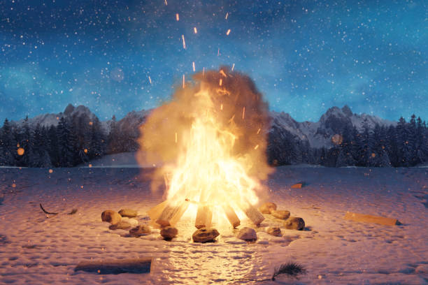 istock 3d rendering of big bonfire with sparks and particles on snowy ground 1199304122