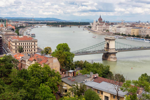 View at Budapest with hungarian parliament building and chain bridge