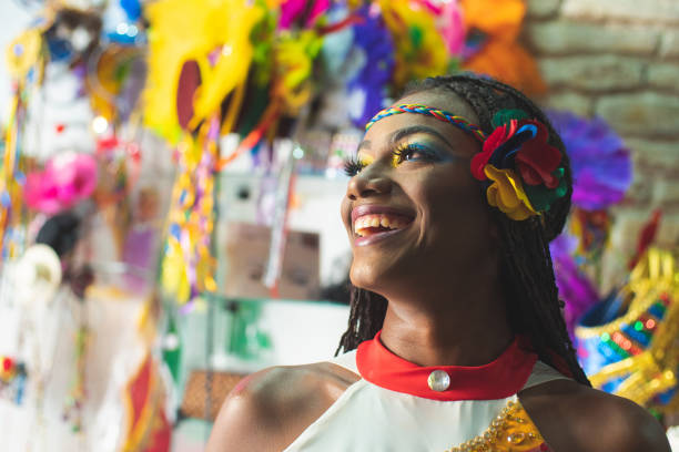 Arica, Сhile - February 10, 2017: Tobas dancer from the group Tobas Guerreros del Sol Naciente, performing in Avenida Bolognesi, at the annual Carnaval Andino con la Fuerza del Sol in Arica, Chile. The event attracts around 10,000 dancers and musicians.