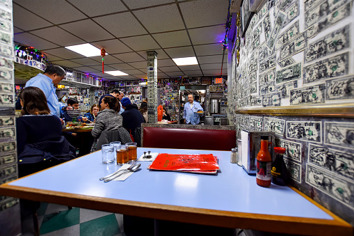 China Town, New York, NY, USA - November 30, 2019. People eating at the famous Wo Hop restaurant in Chinatown - Manhattan, New York .
