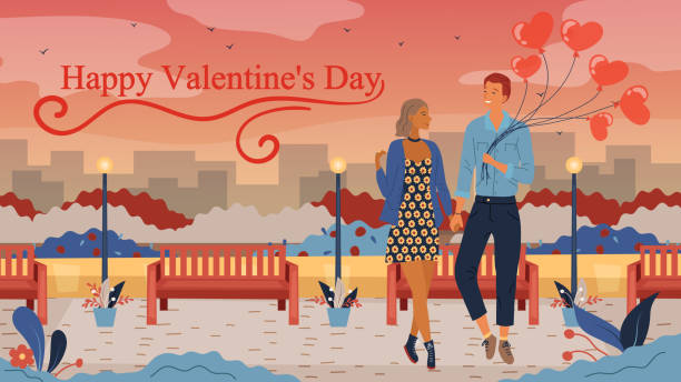 발렌타인 데이 개념입니다. 사랑에 빠진 커플은 낭만적 인 전망을 갖춘 도시 공원에서 걷고 있습니다. 남자는 여자 풍선을 제공합니다. 플랫 스타일. 벡터 일러스트레이션 - valintine stock illustrations