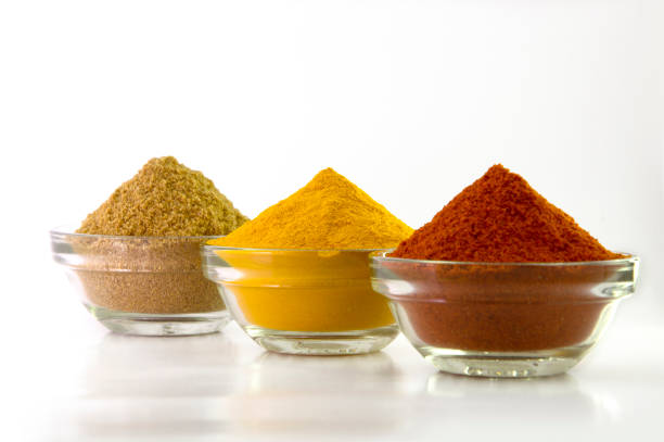 Spice Powder : Chili, Turmeric & Coriander in Bowl isolated on White background.