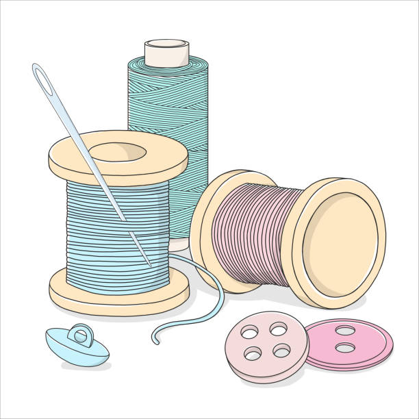 실, 버튼 및 바느질 바늘의 스풀. 흰색 배경에 바느질과 수제 테마. - white background string spool sewing item stock illustrations