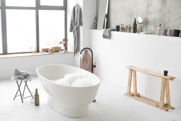 istock Stunning master bathroom interior in luxury home with bathtub 1199311740