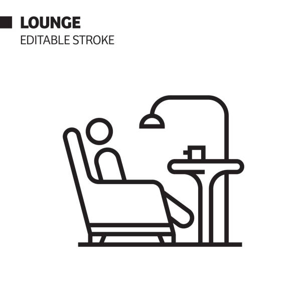 lounge-linie-symbol, umriss vektor-symbol-illustration. pixel perfekt, editierbarer strich. - abflugbereich stock-grafiken, -clipart, -cartoons und -symbole