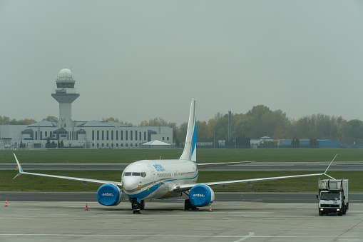 Warsaw, November 7, 2019: Enter Air Airlines aircraft waiting for boarding on runway