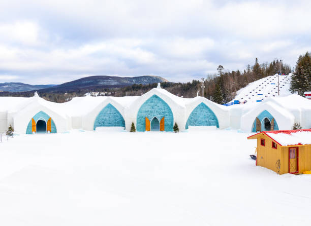 Valcartier, Quebec, Canada - January 2, 2020: The entrance to the Hotel de Glace. The hotel entirely made from Ice and Snow and operational in the winter season.