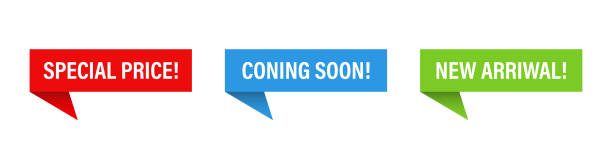 Vector banners coming soon special offer new arrival on red blue and green ribbons isolated elements. Banners for promotion design. Banners sale tag. Promotion concept. Vector banners coming soon special offer new arrival on red blue and green ribbons isolated elements. Banners for promotion design. Banners sale tag. Promotion concept. EPS 10 corner tip stock illustrations