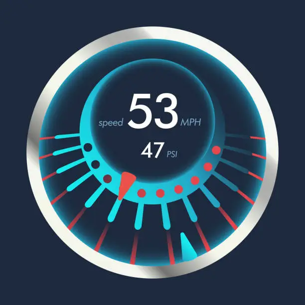 Vector illustration of Isolated speedometers for dashboard. Device for measuring speed and futuristic speedometer, technology gauge with arrow or pointer for vehicle panel, web download speed sign