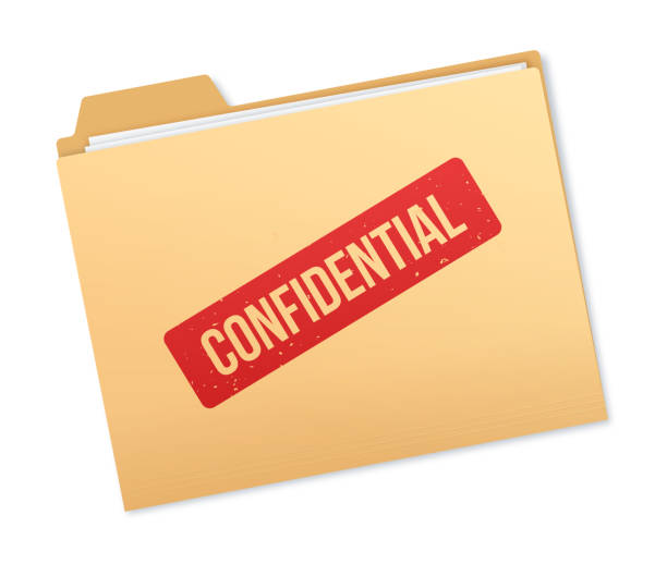 Confidential File Information Manilla folder with confidential stamp with paper and notes and space for your copy. privacy stock illustrations