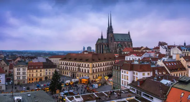 Photo of Brno Cityscape with Christmas Market in the Evening, Czech Republic