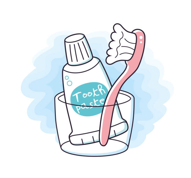 ilustrações, clipart, desenhos animados e ícones de escova de dentes e pasta de dentes em um copo - toothbrush dental hygiene glass dental equipment