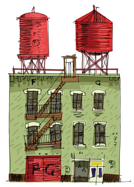 Vector illustration of Two rooftop water tanks