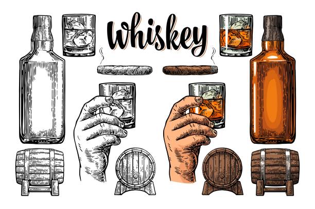 ilustraciones, imágenes clip art, dibujos animados e iconos de stock de vaso de whisky con cubitos de hielo, barril, botella y puro. grabado - whisky
