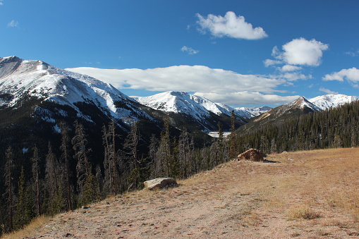 View of snowcapped mountains from Berthoud Pass north of Empire & south of Winter Park, Colorado