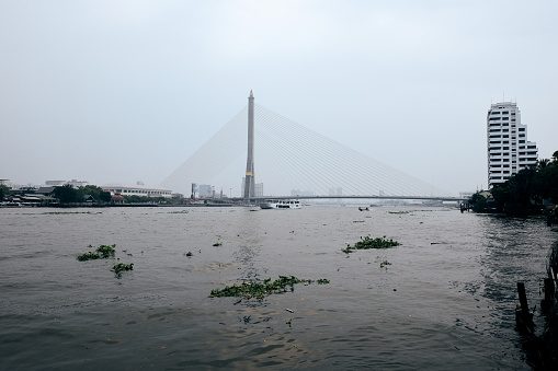 River cruise ship floats on the Chao Phraya River. The bridge over the river in Bangkok.