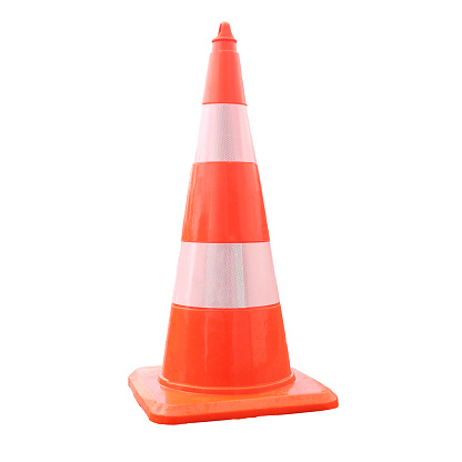 Concept for hazards and safety. Traffic road cone. Pylon sign isolated on white background.
