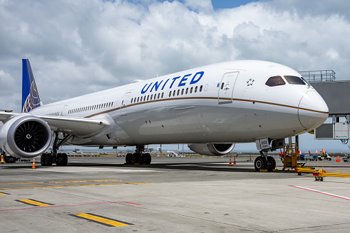United Airlines, Boeing, 787, Dreamliner, Parked at the gate, Auckland International Airport, New Zealand, 7 January 2020