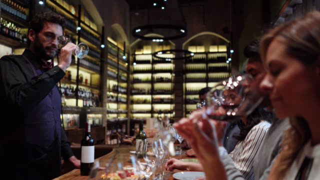 Male latin american sommelier talking to group of friends during a wine tasting class
