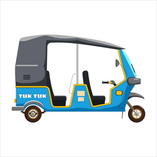 ilustrações de stock, clip art, desenhos animados e ícones de tuk tuk asian auto rickshaw three wheeler tricycle blue. thailand, indian countries baby taxi. vector illustration isolated cartoon style - jinrikisha thailand tuk transportation