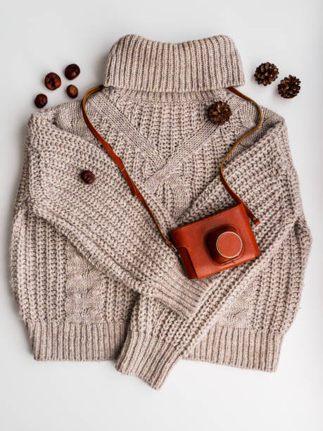 istock A warm wool sweater and an old camera in a brown case. Around cones and chestnuts 1199335324