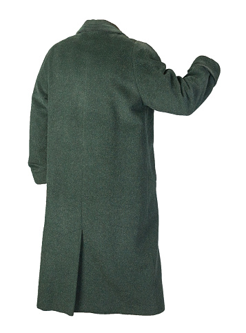 Female woolen dark green  coat with a hood isolated on a white background. women's coat cut a trapeze