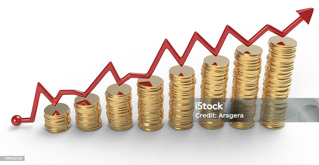 Avanzamento: Rosso grafico su pile di monete d'oro - Foto stock royalty-free di Affari