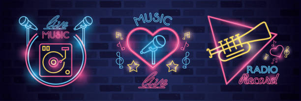 bundle of labels neon lights bundle of labels neon lights vector illustration design neon music notes stock illustrations