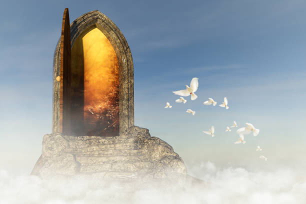 istock Staircase in the sky leading to a portal, 3d render. 1199342001