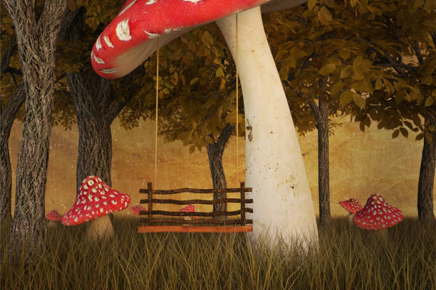 istock Tall mushroom swing in an Autumn forest, 3d render. 1199342024