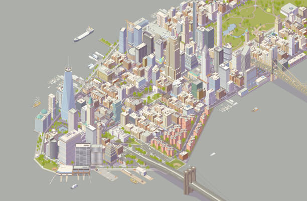 Isometric New York Detailed illustration of New York City showing southern neighborhoods of Manhattan. Includes hundreds of buildings, trees, traffic, parks, boats, and bridges and is shown in isometric projection. ++ Legal note: No landmarks are isolated, and none are the main focus of this holistic cityscape. times square stock illustrations